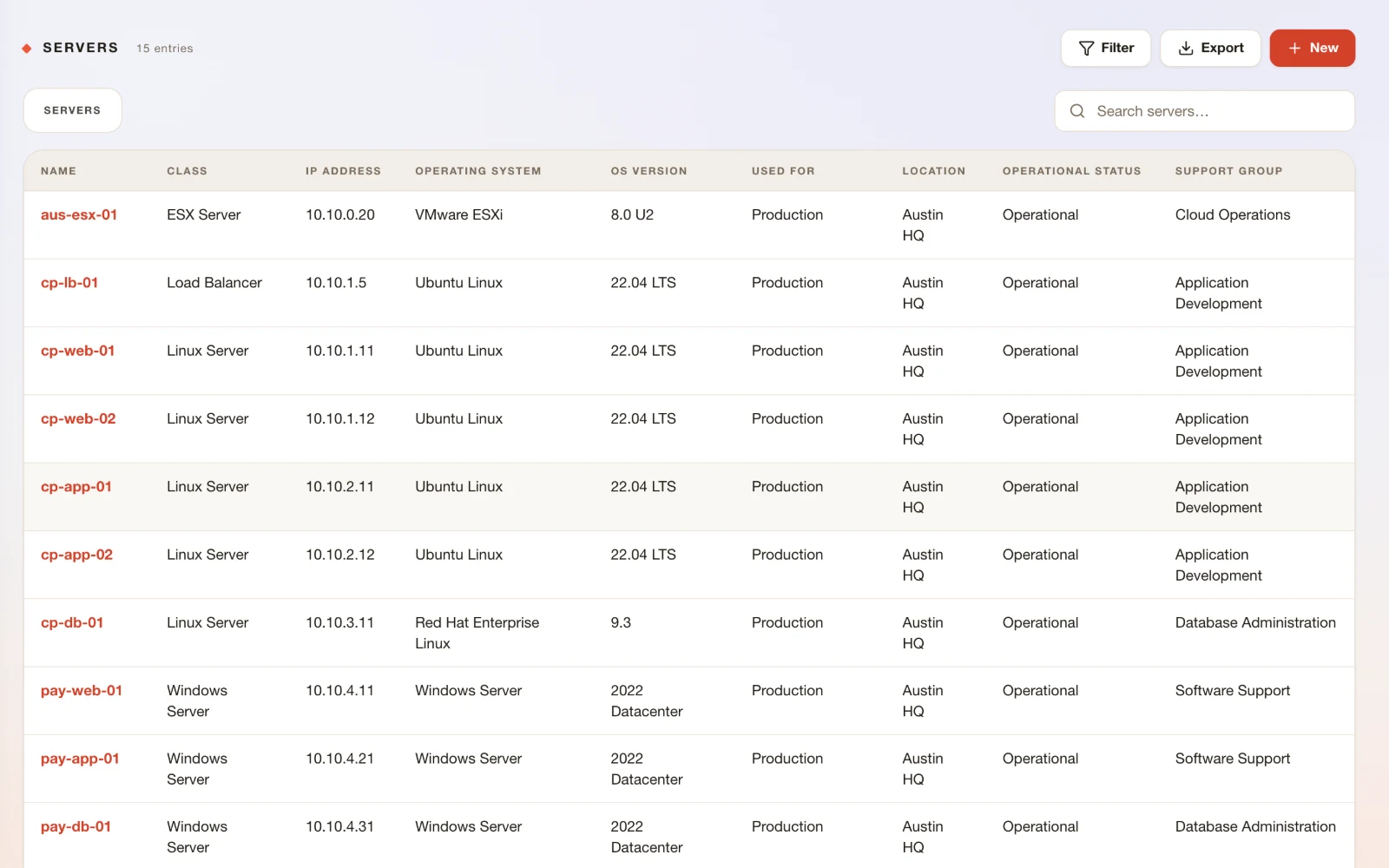 The server list in the ResolvrNow configuration management database