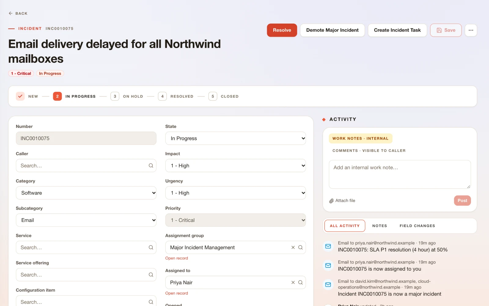 An incident in ResolvrNow showing its state steps, form fields and activity stream