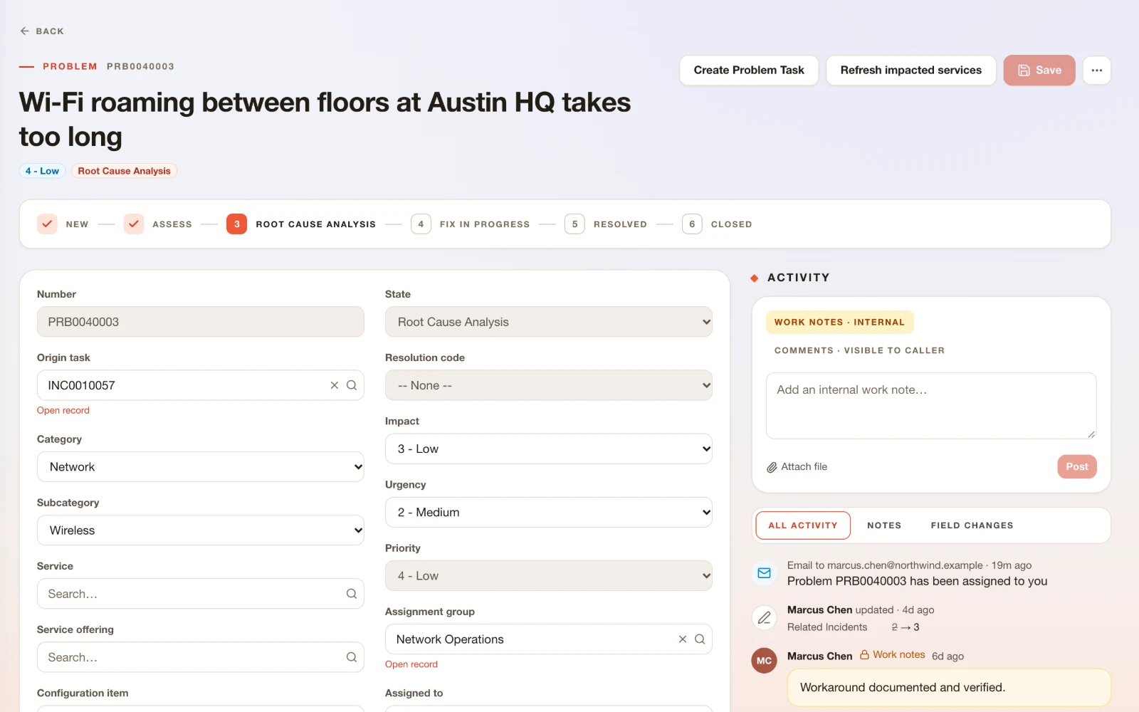 A problem record in ResolvrNow during root cause analysis