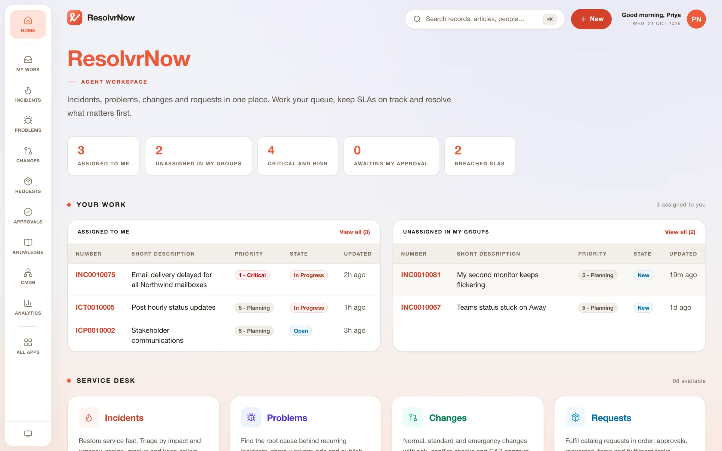 The ResolvrNow agent workspace home page with stat tiles, work queues and application cards